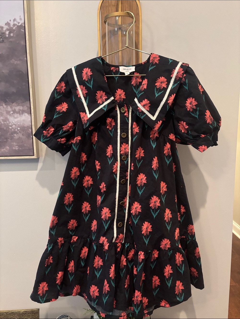 Umgee Black Dress with Pink Floral Sailor Collar